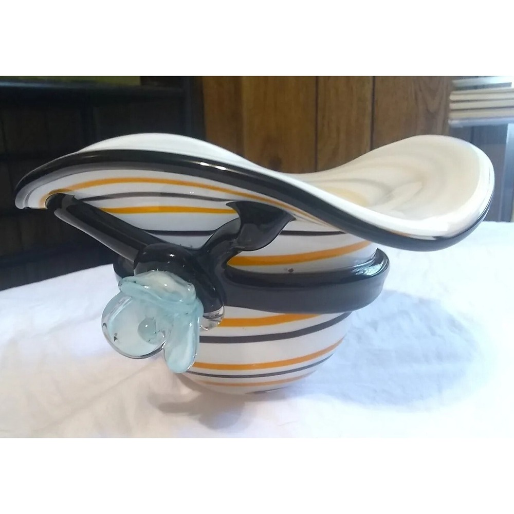 Trinket Candy‎ Dish Bowl Art Glass Hand Blown Black Orange w/Blue Flower